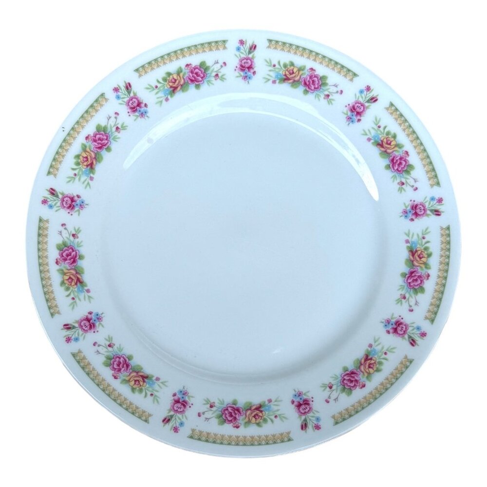 Vintage Chinese Floral Porcelain Dinner Plate With Pink Roses & Gold Accents
